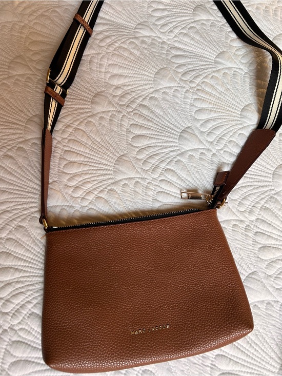 Marc Jacobs Handbags - Marc Jacobs Pebbled Brown Leather Crossbody with Striped Webbing Strap
